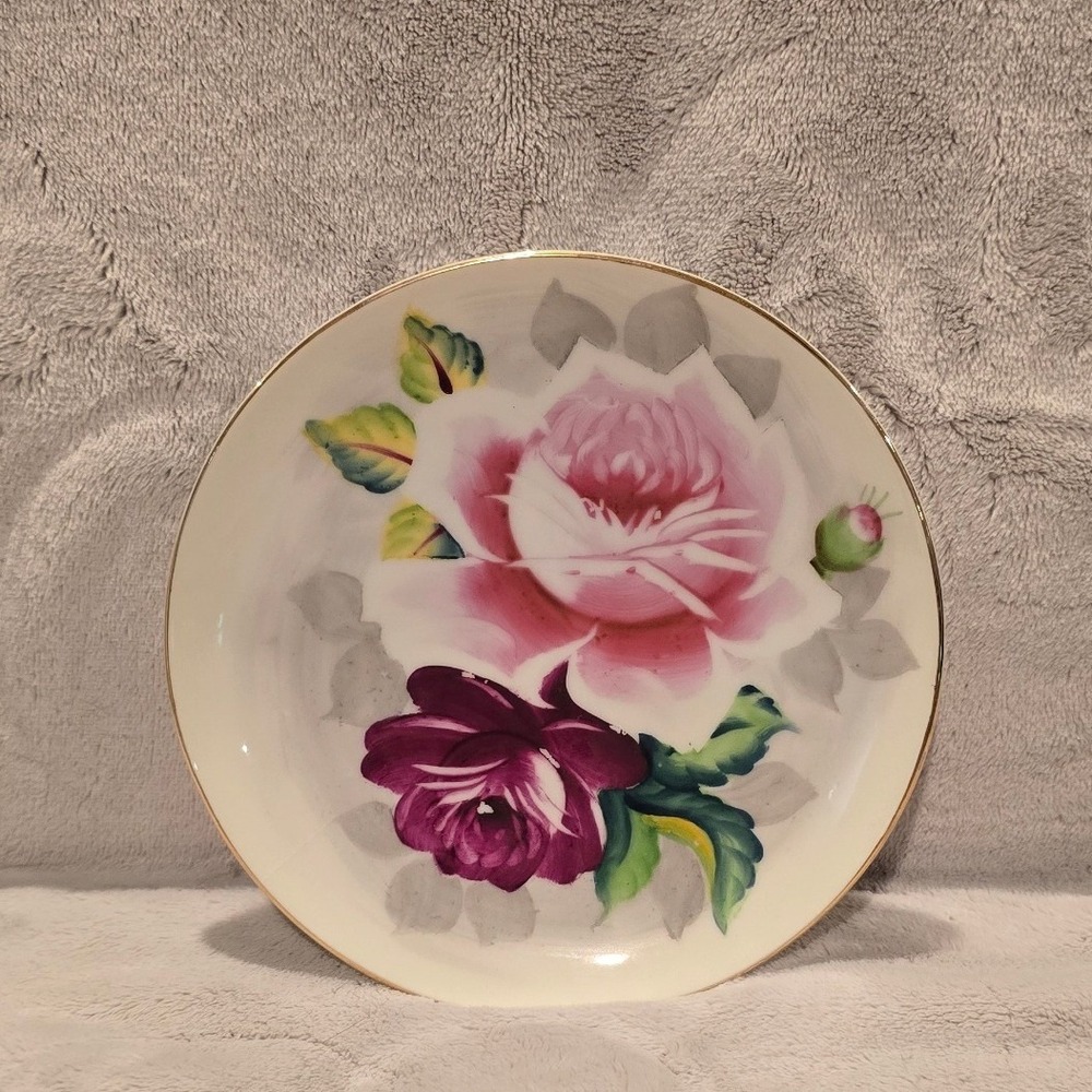 Vintage Hand Painted Floral Porcelain Plate Pink Purple Roses Gold Rim 6.25"